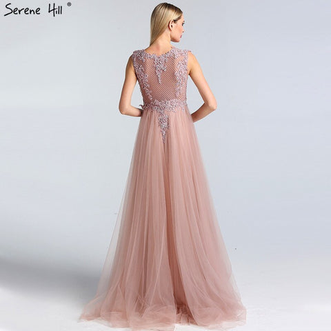 Pink O-Neck Pearls Crystal Sexy Evening Dresses A-Line Sleeveless Tulle Formal Dress 2025 LA60981