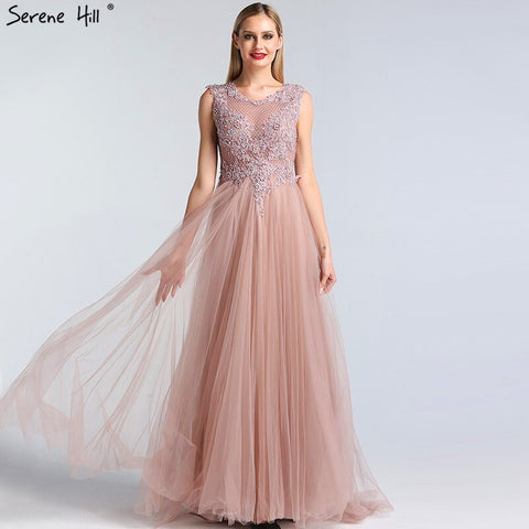 Pink O-Neck Pearls Crystal Sexy Evening Dresses A-Line Sleeveless Tulle Formal Dress 2025 LA60981