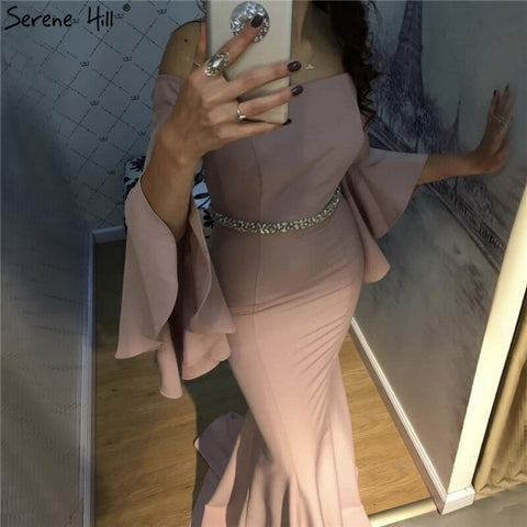 Sale Pink Off Shoulder Mermaid Sexy Evening Dressese Long Trumpet Sleeves Simple Evening Gowns 2025 LA70191