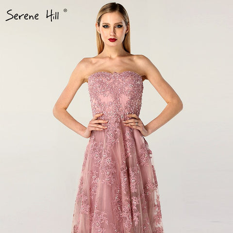 On Sale no return no refundSale Pink Off Shoulder Sexy A-Line Evening Dresses 2025 Handmade Flowers Crystal Sleeveless Formal Dress Real Photo LA6614