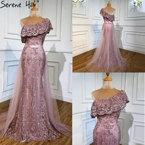 Pink One Shoulder Mermaid Sexy Evening Dresses 2025 Lace Pearls Sequins Elegant Formal Dress LA70386