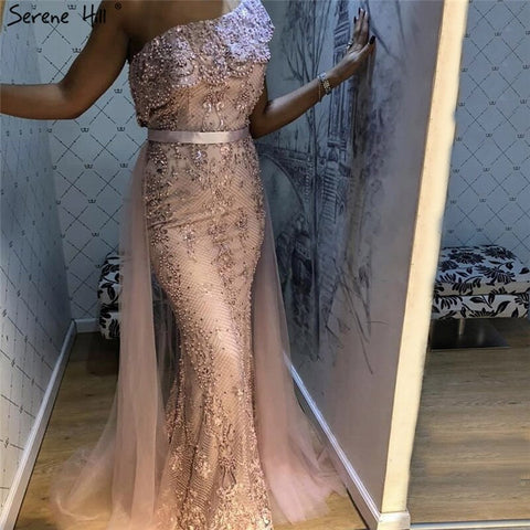 Pink One Shoulder Mermaid Sexy Evening Dresses 2025 Lace Pearls Sequins Elegant Formal Dress LA70386