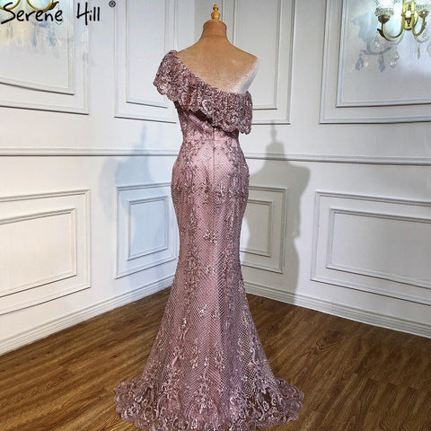 Pink One Shoulder Mermaid Sexy Evening Dresses 2025 Lace Pearls Sequins Elegant Formal Dress LA70386