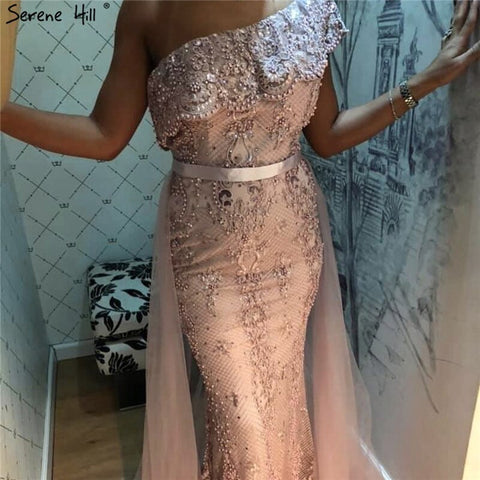 Pink One Shoulder Mermaid Sexy Evening Dresses 2025 Lace Pearls Sequins Elegant Formal Dress LA70386