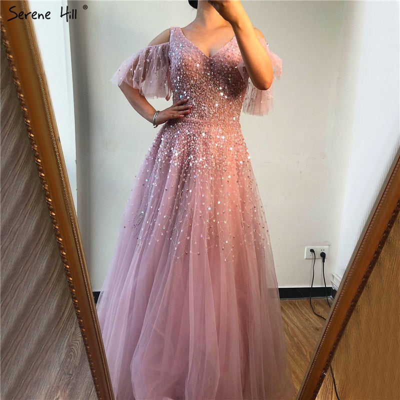 Pink Short Sleeve Sexy A-Line Formal Dresses Design 2025 Sparkle Beading Sequined Evening Gowns Real Photo LA70075