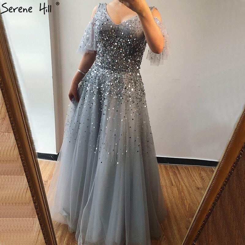 Pink Short Sleeve Sexy A-Line Formal Dresses Design 2025 Sparkle Beading Sequined Evening Gowns Real Photo LA70075