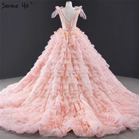 Pink Sleeveless Bow Tiered Sexy Wedding Dresses 2025 Sequined Sparkle Lace Up Bridal Gowns HM67033 Custom Made
