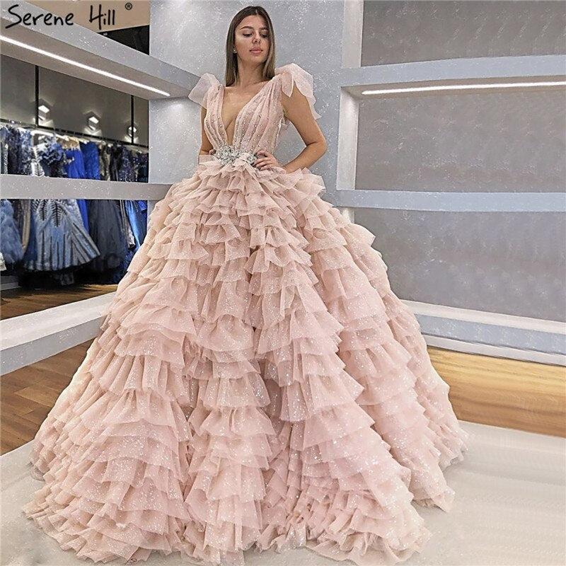 Pink Sleeveless Bow Tiered Sexy Wedding Dresses 2025 Sequined Sparkle Lace Up Bridal Gowns HM67033 Custom Made