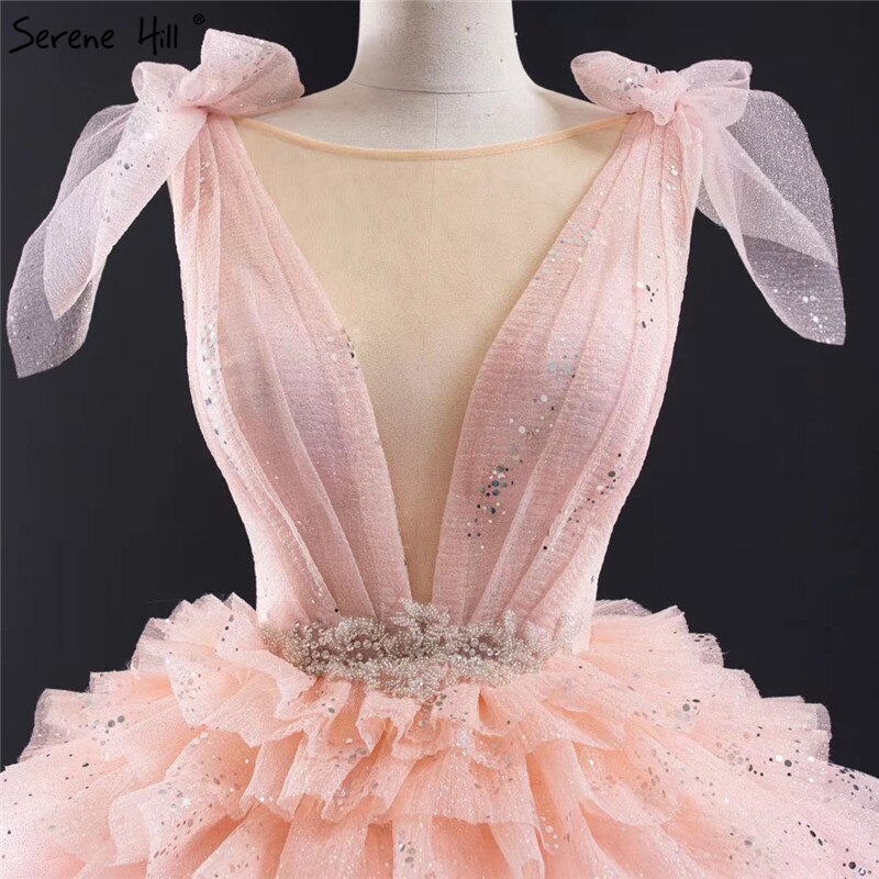 Pink Sleeveless Bow Tiered Sexy Wedding Dresses 2025 Sequined Sparkle Lace Up Bridal Gowns HM67033 Custom Made