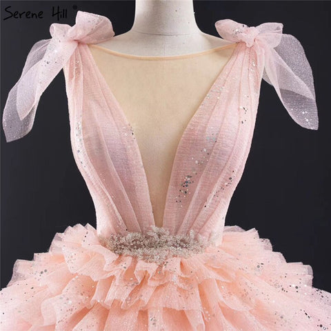 Pink Sleeveless Bow Tiered Sexy Wedding Dresses 2025 Sequined Sparkle Lace Up Bridal Gowns HM67033 Custom Made