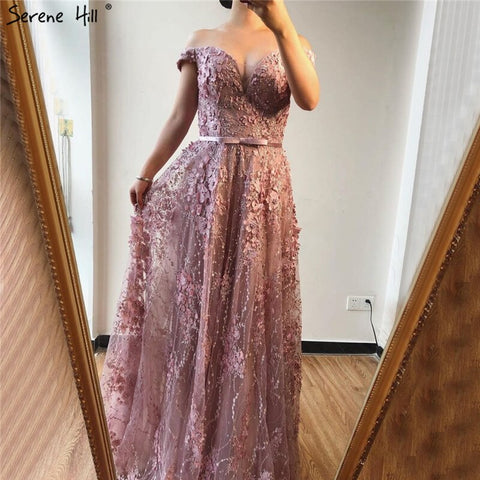 En solde, aucun retour, aucun remboursement. Vente Robe de soirée sexy trapèze rose en dentelle et perles à épaules dénudées, LA70180, 2025 