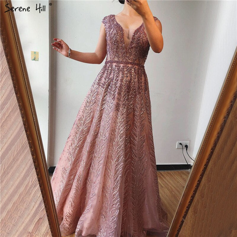 Pink V-Neck Evening Dresses Long 2025 Lace Beading Crystal Sleeveless A-Line Evening Gowns LA70225