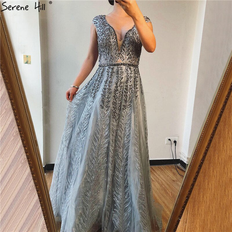 Pink V-Neck Evening Dresses Long 2025 Lace Beading Crystal Sleeveless A-Line Evening Gowns LA70225