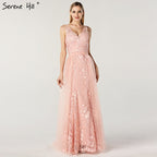 On Sale No Return No Refund Pink V-Neck Sexy Mermaid Dubai Evening Dresses 2025 Sleeveless Handmade Flowers Pearls Evening Gowns LA60737