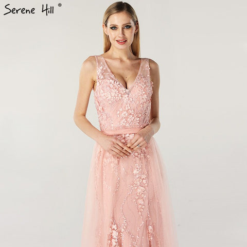 Robe de soirée sirène rose sexy à col en V, sans manches, avec perles et fleurs faites à la main, en solde, sans retour, sans remboursement, LA60737, 2025 