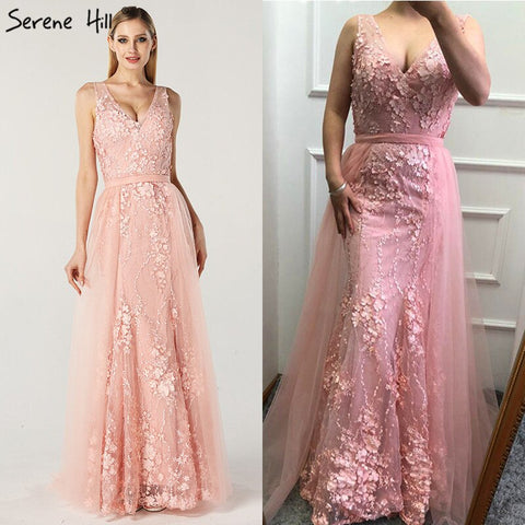 Robe de soirée sirène rose sexy à col en V, sans manches, avec perles et fleurs faites à la main, en solde, sans retour, sans remboursement, LA60737, 2025 