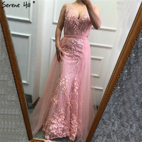 Robe de soirée sirène rose sexy à col en V, sans manches, avec perles et fleurs faites à la main, en solde, sans retour, sans remboursement, LA60737, 2025 