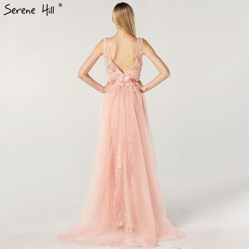 On Sale No Return No Refund Pink V-Neck Sexy Mermaid Dubai Evening Dresses 2025 Sleeveless Handmade Flowers Pearls Evening Gowns LA60737