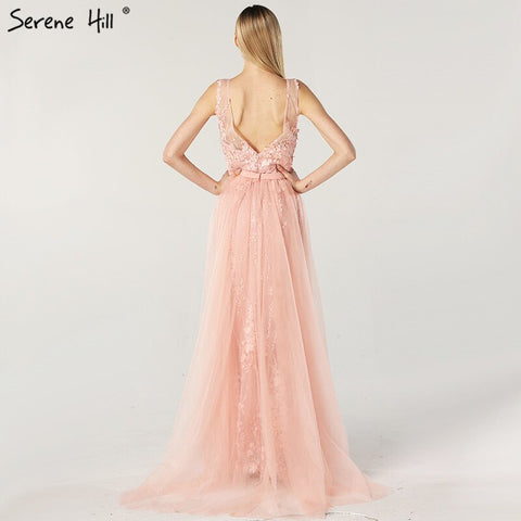 Robe de soirée sirène rose sexy à col en V, sans manches, avec perles et fleurs faites à la main, en solde, sans retour, sans remboursement, LA60737, 2025 