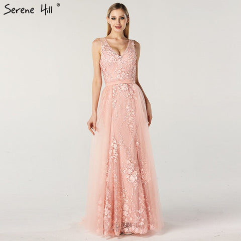 Robe de soirée sirène rose sexy à col en V, sans manches, avec perles et fleurs faites à la main, en solde, sans retour, sans remboursement, LA60737, 2025 