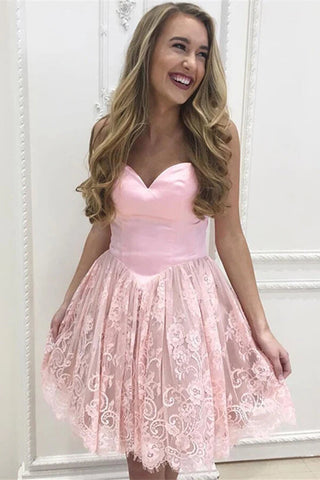Pink A-line Sweetheart Strapless Homecoming Dresses With Lace Appliques