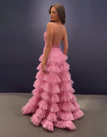 Pink A Line Spaghetti Straps Open Back Tiered Long Prom Dress