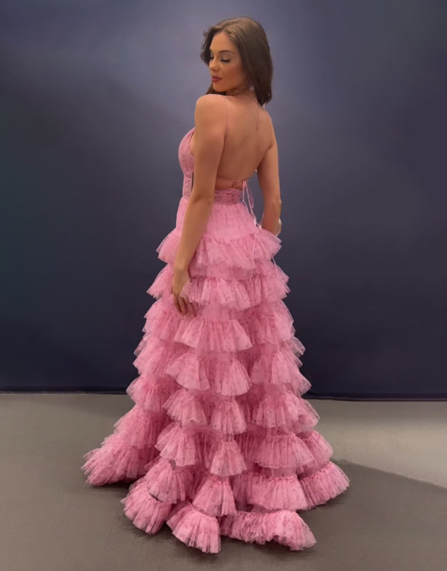 Pink A Line Spaghetti Straps Open Back Tiered Long Prom Dress