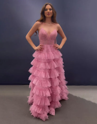 Pink A Line Spaghetti Straps Open Back Tiered Long Prom Dress