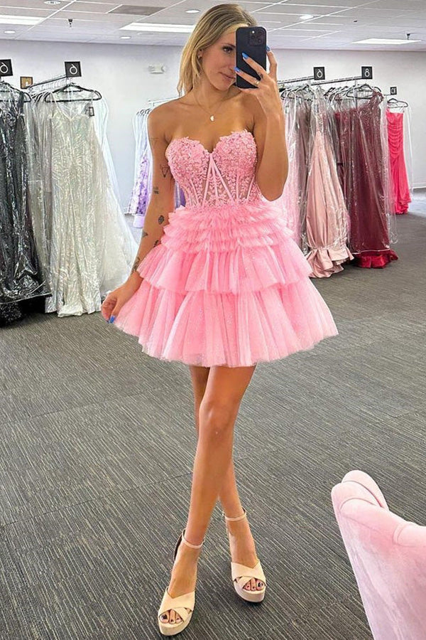 Vestido rosa de fiesta de bienvenida PD502, sin tirantes, corte en A, con apliques y múltiples capas