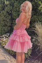 Vestido rosa de fiesta de bienvenida PD502, sin tirantes, corte en A, con apliques y múltiples capas