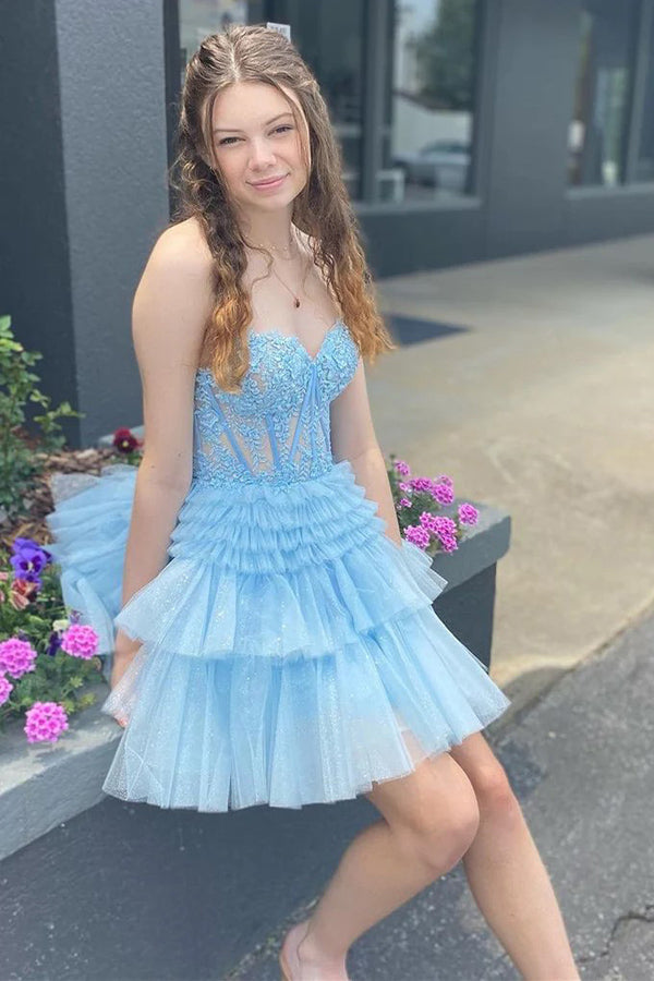 Vestido rosa de fiesta de bienvenida PD502, sin tirantes, corte en A, con apliques y múltiples capas