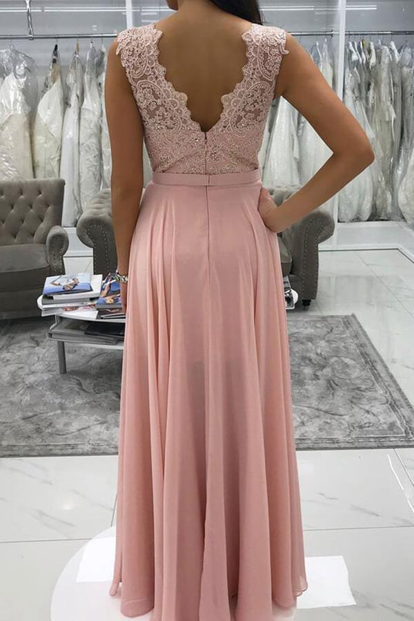 Pink Chiffon A-line Prom Dresses With Appliques, Beaded Evening Dress