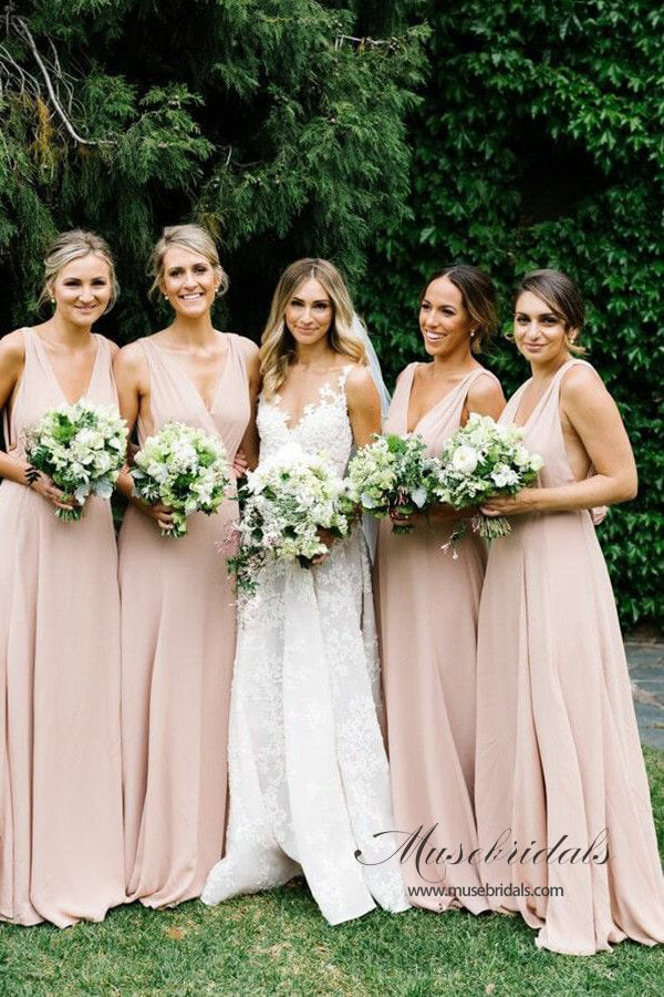 Vestidos largos de dama de honor de gasa con escote en V y corte en A, vestidos para fiestas de boda 
