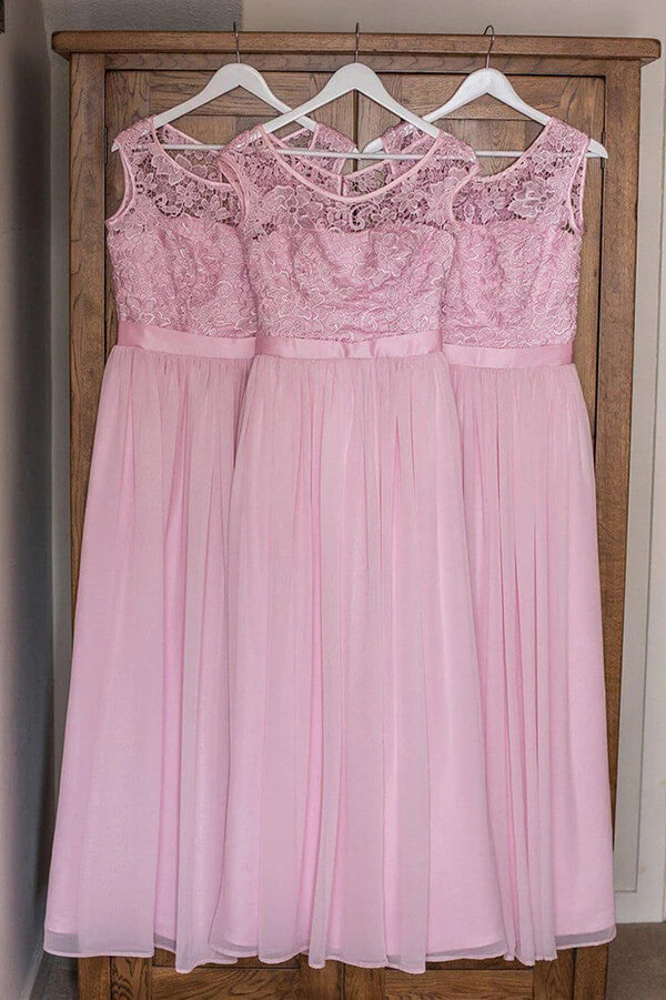 Vestidos largos de dama de honor de corte A con escote redondo y blusa de encaje de gasa 