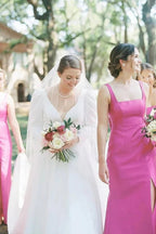 Robe de demoiselle d'honneur rose sirène à bretelles spaghetti et col carré avec nœud