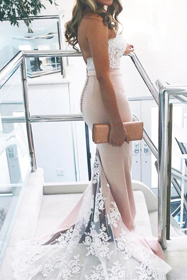 Vestidos largos de dama de honor estilo sirena rosa con cola de barrido y encaje blanco