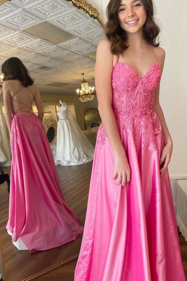 Vestidos largos de fiesta, vestidos de noche, corte en A, escote en V, espalda descubierta, de satén y encaje.