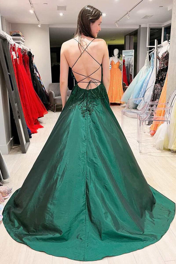 Vestidos largos de fiesta, vestidos de noche, corte en A, escote en V, espalda descubierta, de satén y encaje.