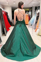 Vestidos largos de fiesta, vestidos de noche, corte en A, escote en V, espalda descubierta, de satén y encaje.