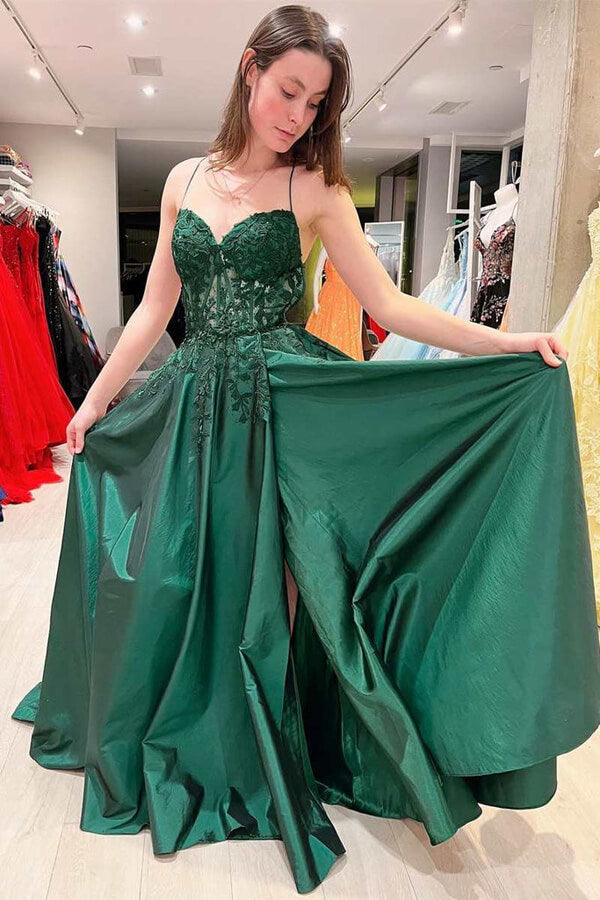 Vestidos largos de fiesta, vestidos de noche, corte en A, escote en V, espalda descubierta, de satén y encaje.