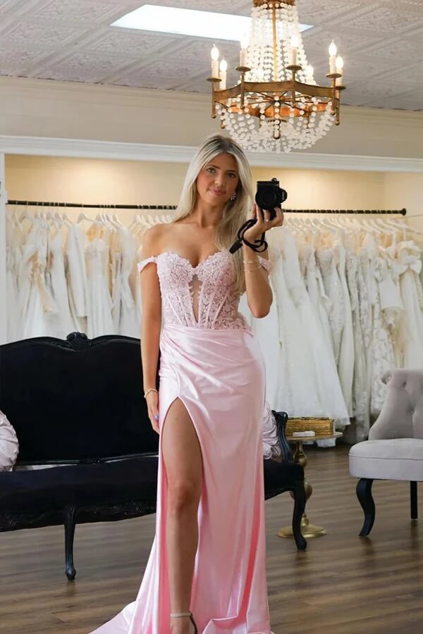 Vestidos de fiesta de sirena de satén con hombros descubiertos y apliques de encaje