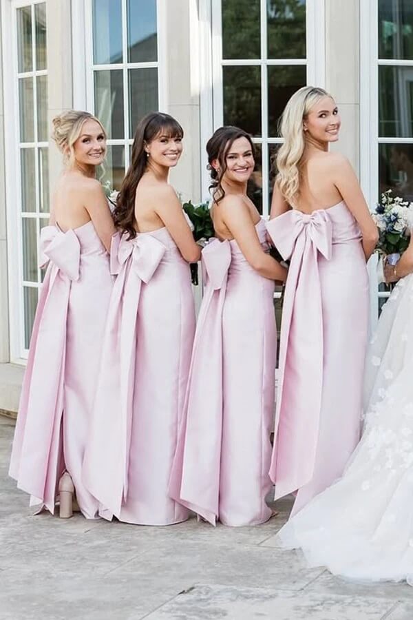 Vestidos de dama de honor largos hasta el suelo, sin tirantes, de satén rosa con lazo