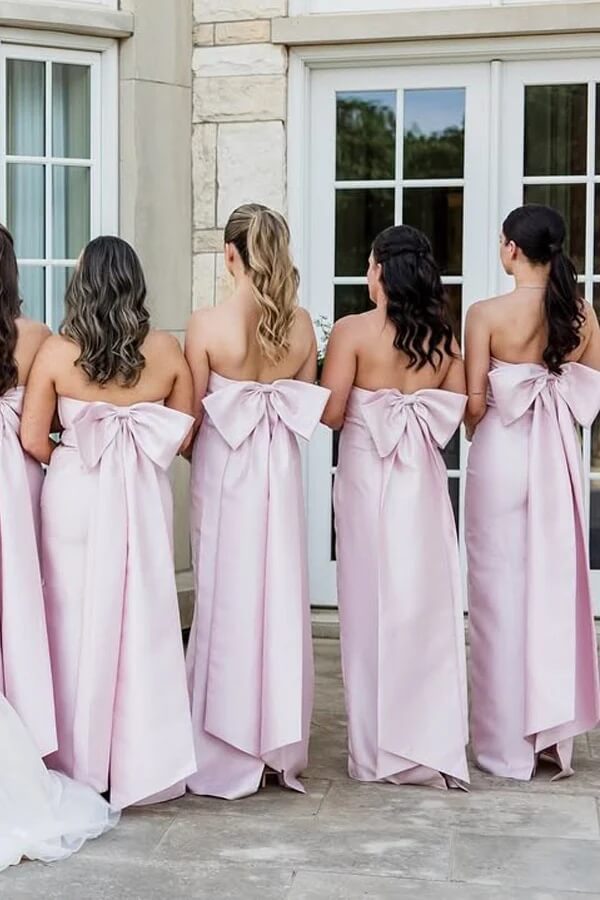 Robe de demoiselle d'honneur rose satinée sans bretelles, longue jusqu'au sol, avec nœud