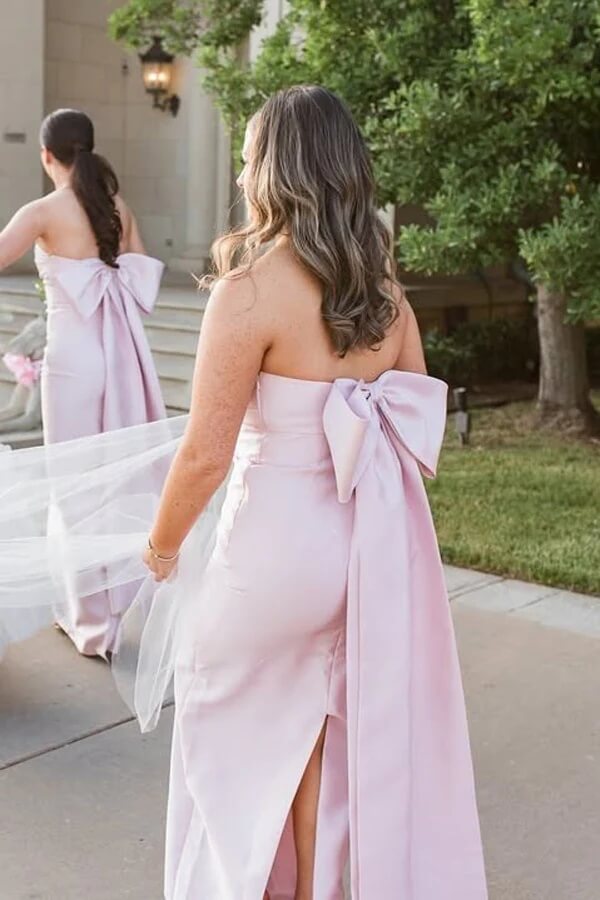 Vestidos de dama de honor largos hasta el suelo, sin tirantes, de satén rosa con lazo