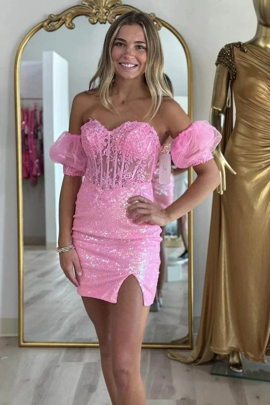 Robe de bal moulante rose sans bretelles à appliqués et manches PD542
