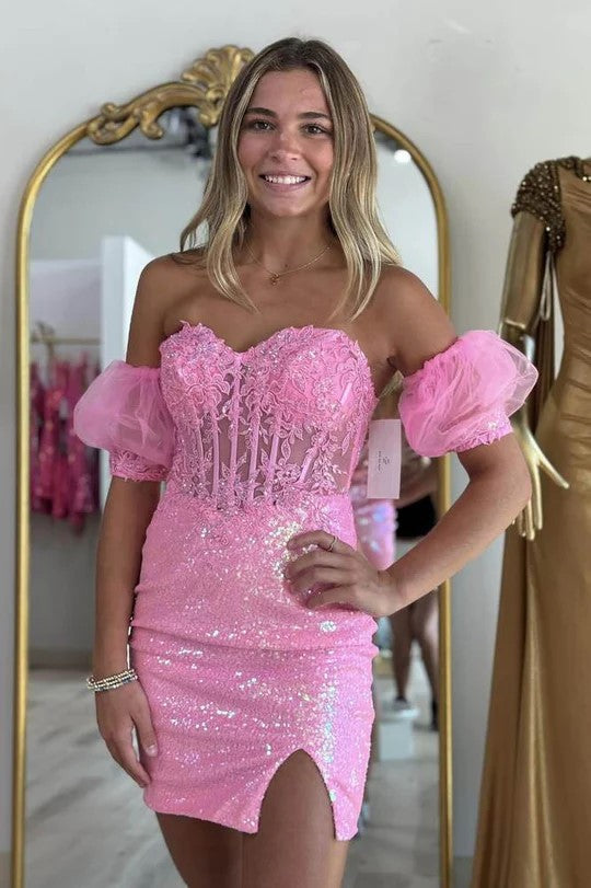 Robe de bal moulante rose sans bretelles à appliqués et manches PD542