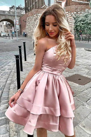 One Shoulder Homecoming Dress Satin Short Cocktail Dress SYH70