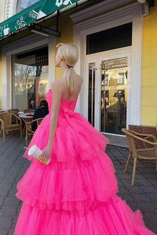 Robe de bal longue princesse en tulle rose, coupe trapèze asymétrique, robe de soirée