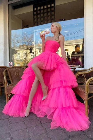 Robe de bal longue princesse en tulle rose, coupe trapèze asymétrique, robe de soirée