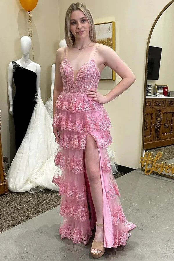 Tulle A-line Lace Appliques Ruffled Tiered Prom Dresses With Slit